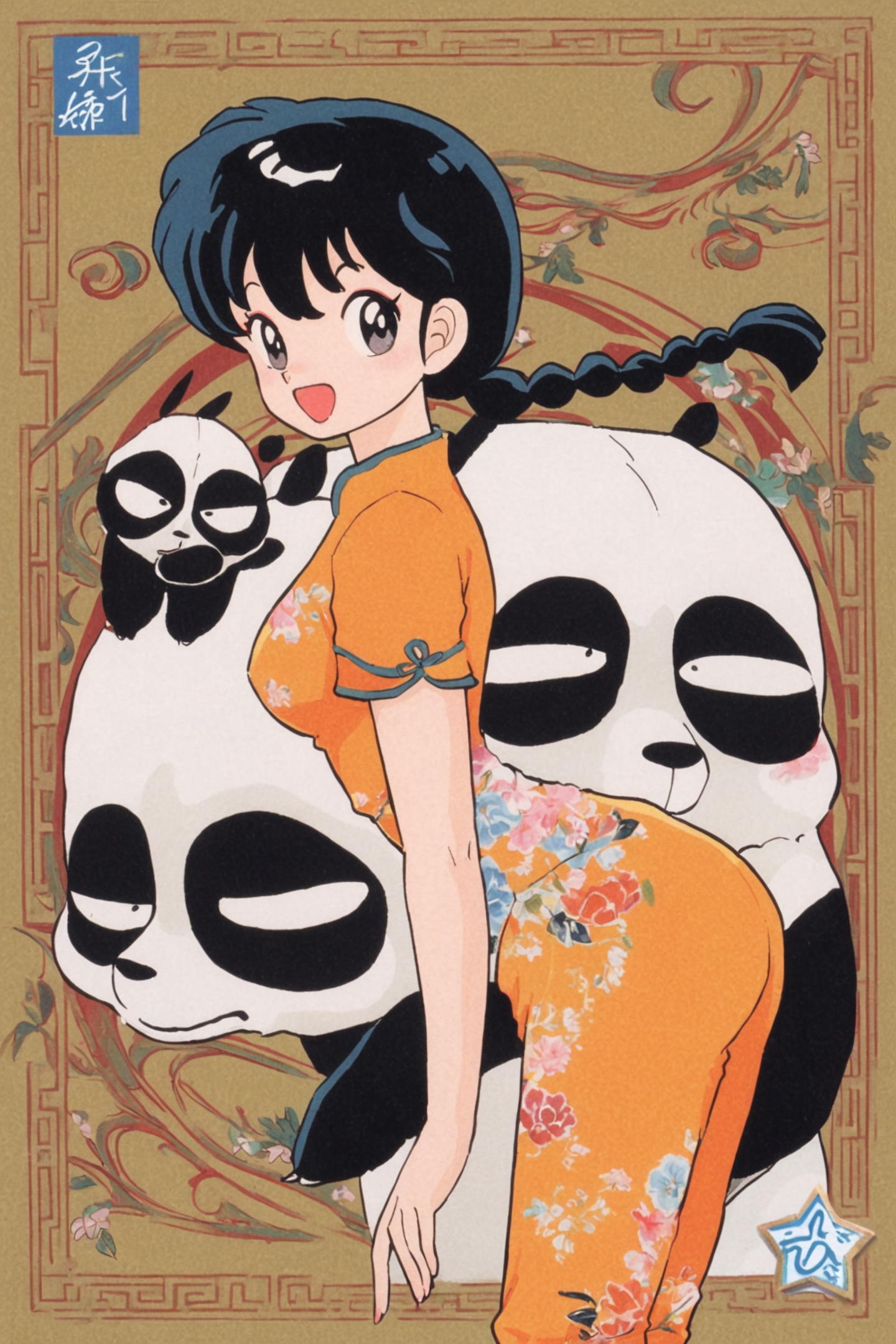 29198-751422727-panda,1girl,black hair,ranma-chan,braid,floral print,smile,orange shirt,short sleeves,retro artstyle,looking at viewer,pants,shi.png